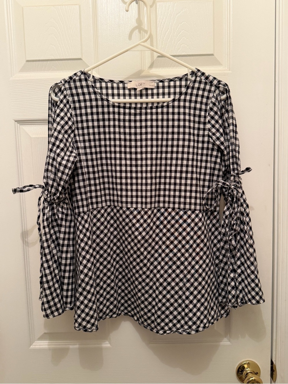 LOFT Black & White Gingham Peplum Tie-Sleeve Blouse